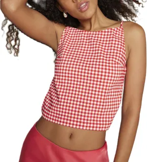 Women Y2K Printed Crop Top Square Neck Sleeveless Gingham Ruffle Runched Camisole Summer Backless Cami Tank Vest