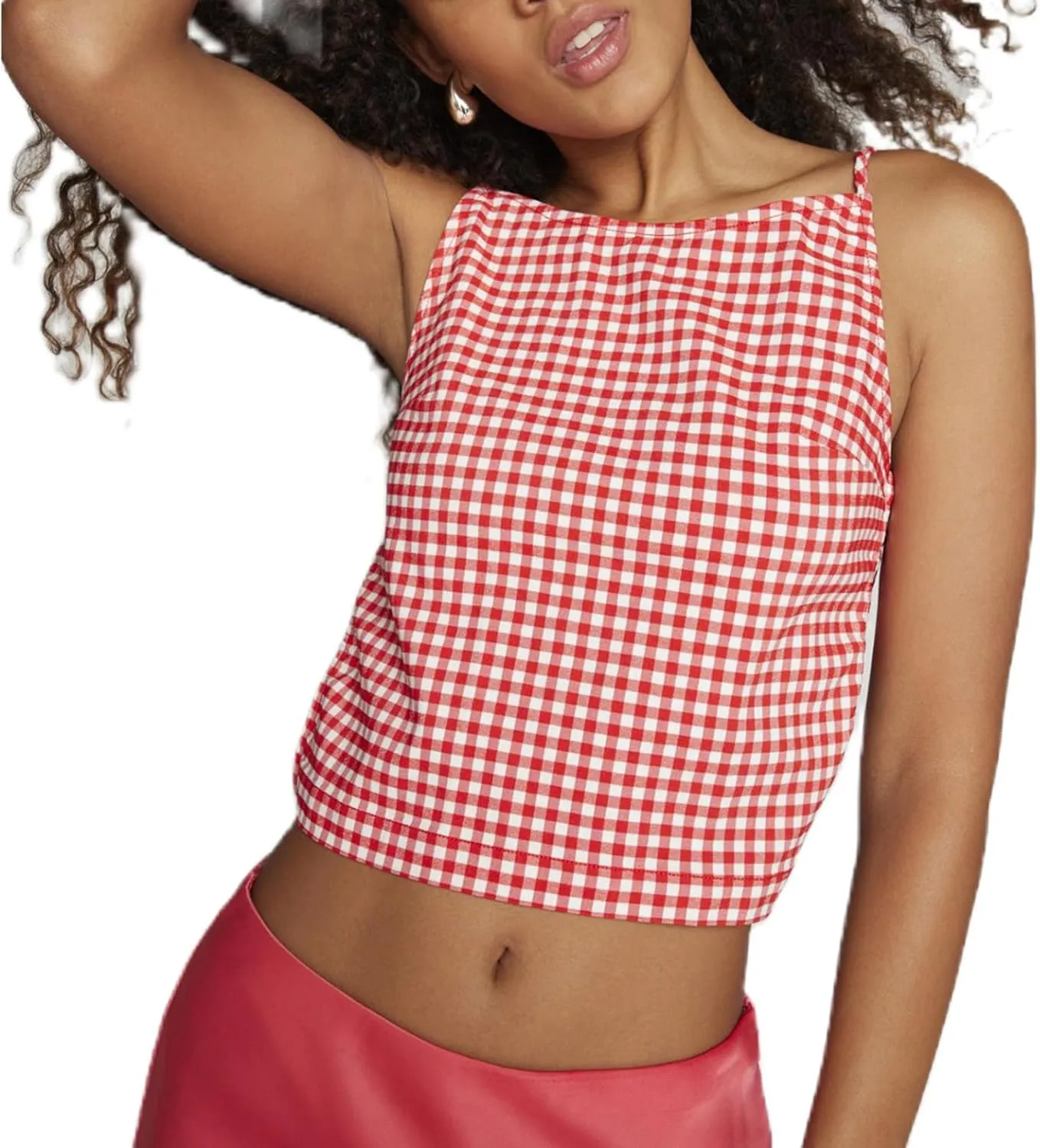 Women Y2K Printed Crop Top Square Neck Sleeveless Gingham Ruffle Runched Camisole Summer Backless Cami Tank Vest