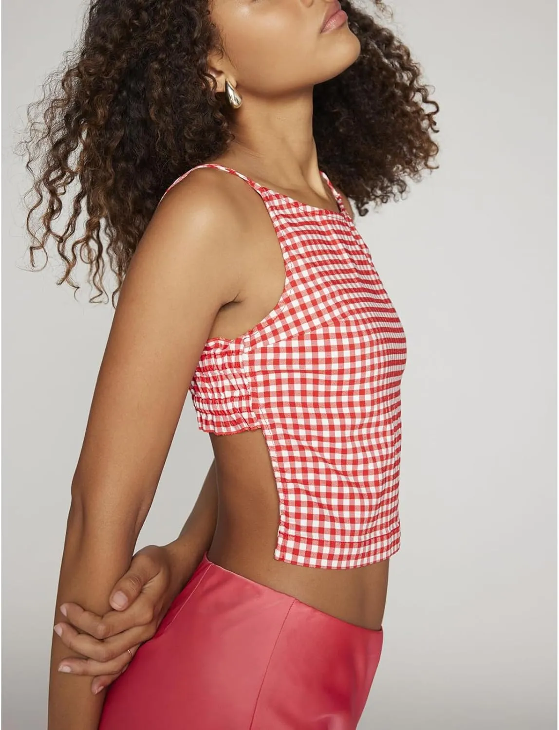 Women Y2K Printed Crop Top Square Neck Sleeveless Gingham Ruffle Runched Camisole Summer Backless Cami Tank Vest