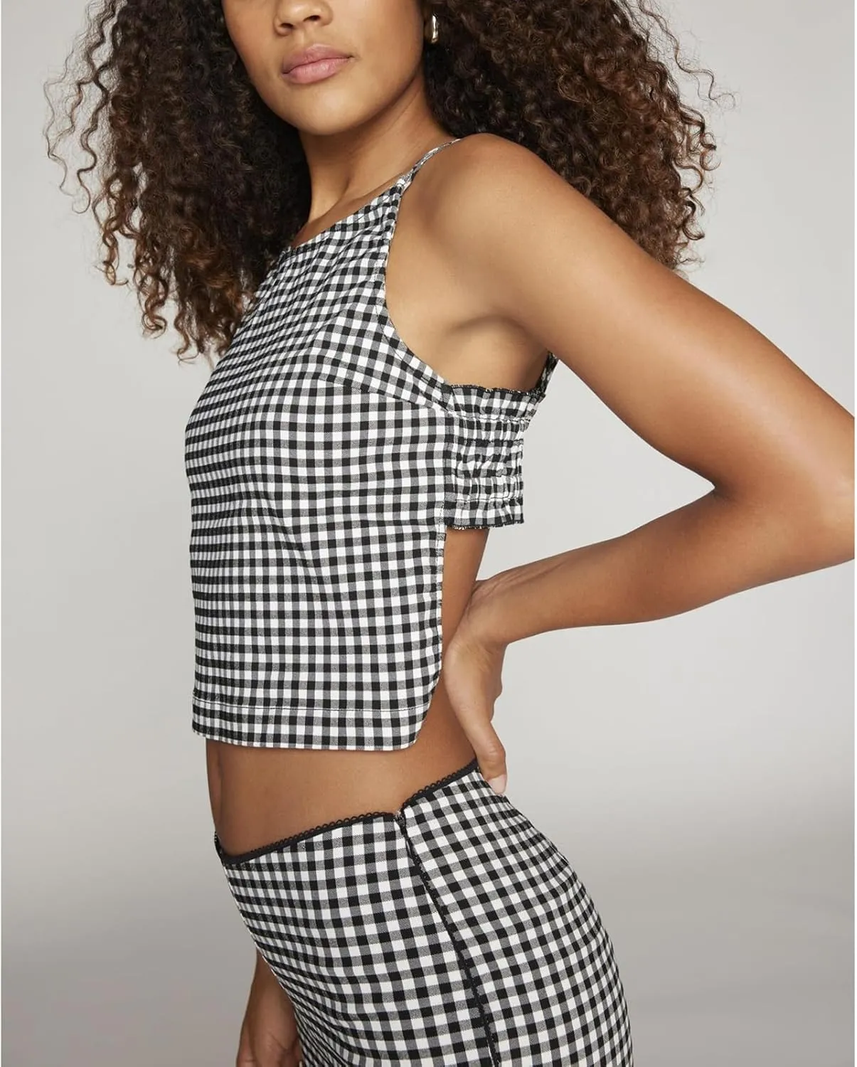 Women Y2K Printed Crop Top Square Neck Sleeveless Gingham Ruffle Runched Camisole Summer Backless Cami Tank Vest