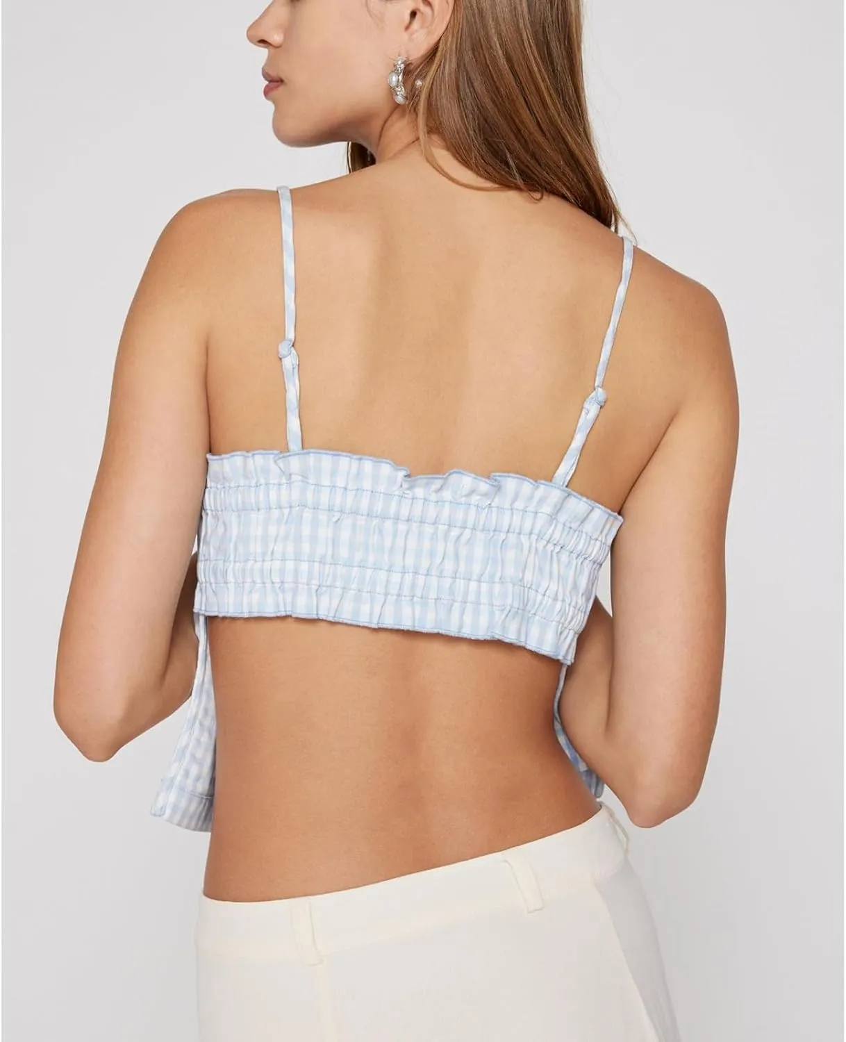 Women Y2K Printed Crop Top Square Neck Sleeveless Gingham Ruffle Runched Camisole Summer Backless Cami Tank Vest