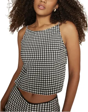 Women Y2K Printed Crop Top Square Neck Sleeveless Gingham Ruffle Runched Camisole Summer Backless Cami Tank Vest
