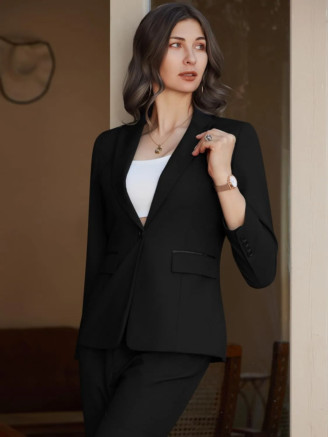 Women's 2 Piece Business Office Suit Lady Peaked Lapel Slim Fit One Button Blazer Jacket and Pants Set