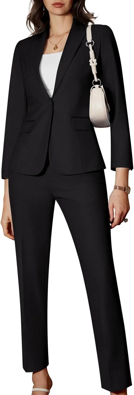 Women's 2 Piece Business Office Suit Lady Peaked Lapel Slim Fit One Button Blazer Jacket and Pants Set