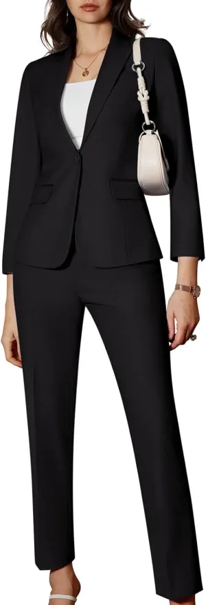 Women's 2 Piece Business Office Suit Lady Peaked Lapel Slim Fit One Button Blazer Jacket and Pants Set