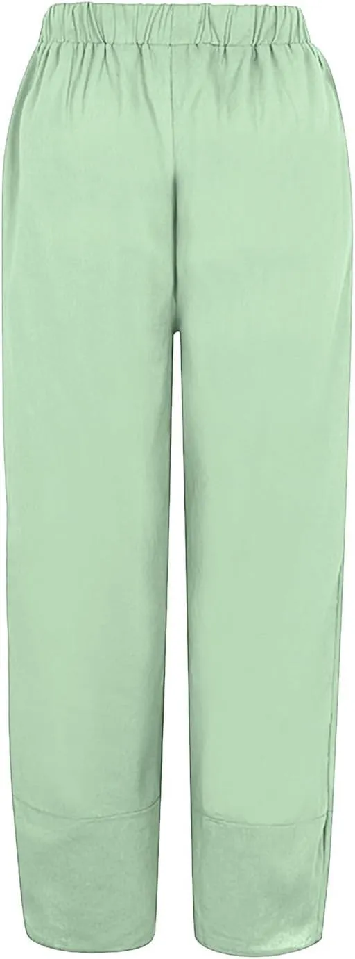 Womens Capri Linen Pants Casual Summer Baggy Wide Leg Beach Pants Elastic High Waist Palazzo Lounge Cropped Trousers