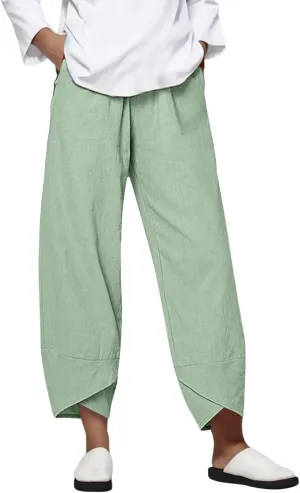 Womens Capri Linen Pants Casual Summer Baggy Wide Leg Beach Pants Elastic High Waist Palazzo Lounge Cropped Trousers