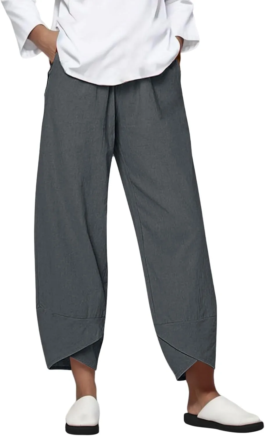 Womens Capri Linen Pants Casual Summer Baggy Wide Leg Beach Pants Elastic High Waist Palazzo Lounge Cropped Trousers