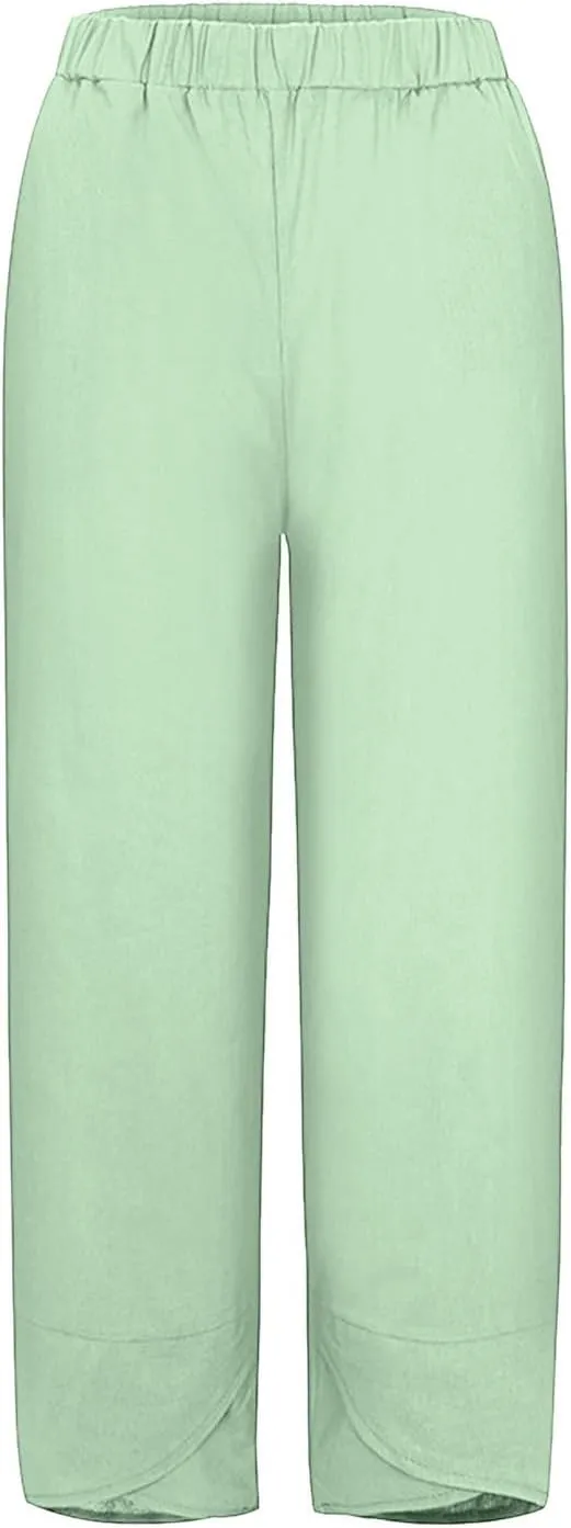 Womens Capri Linen Pants Casual Summer Baggy Wide Leg Beach Pants Elastic High Waist Palazzo Lounge Cropped Trousers
