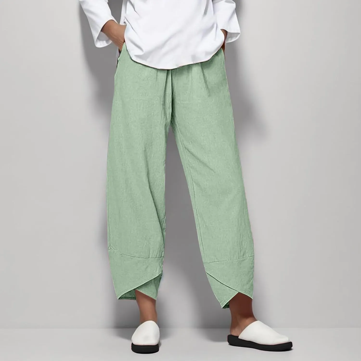 Womens Capri Linen Pants Casual Summer Baggy Wide Leg Beach Pants Elastic High Waist Palazzo Lounge Cropped Trousers