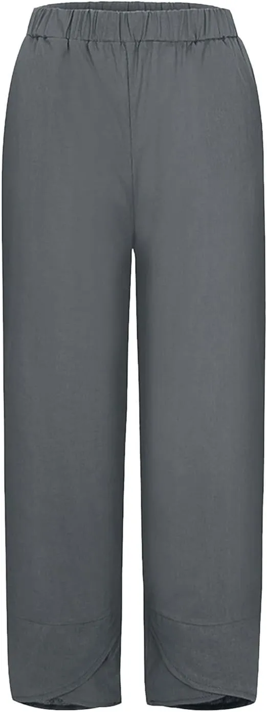 Womens Capri Linen Pants Casual Summer Baggy Wide Leg Beach Pants Elastic High Waist Palazzo Lounge Cropped Trousers