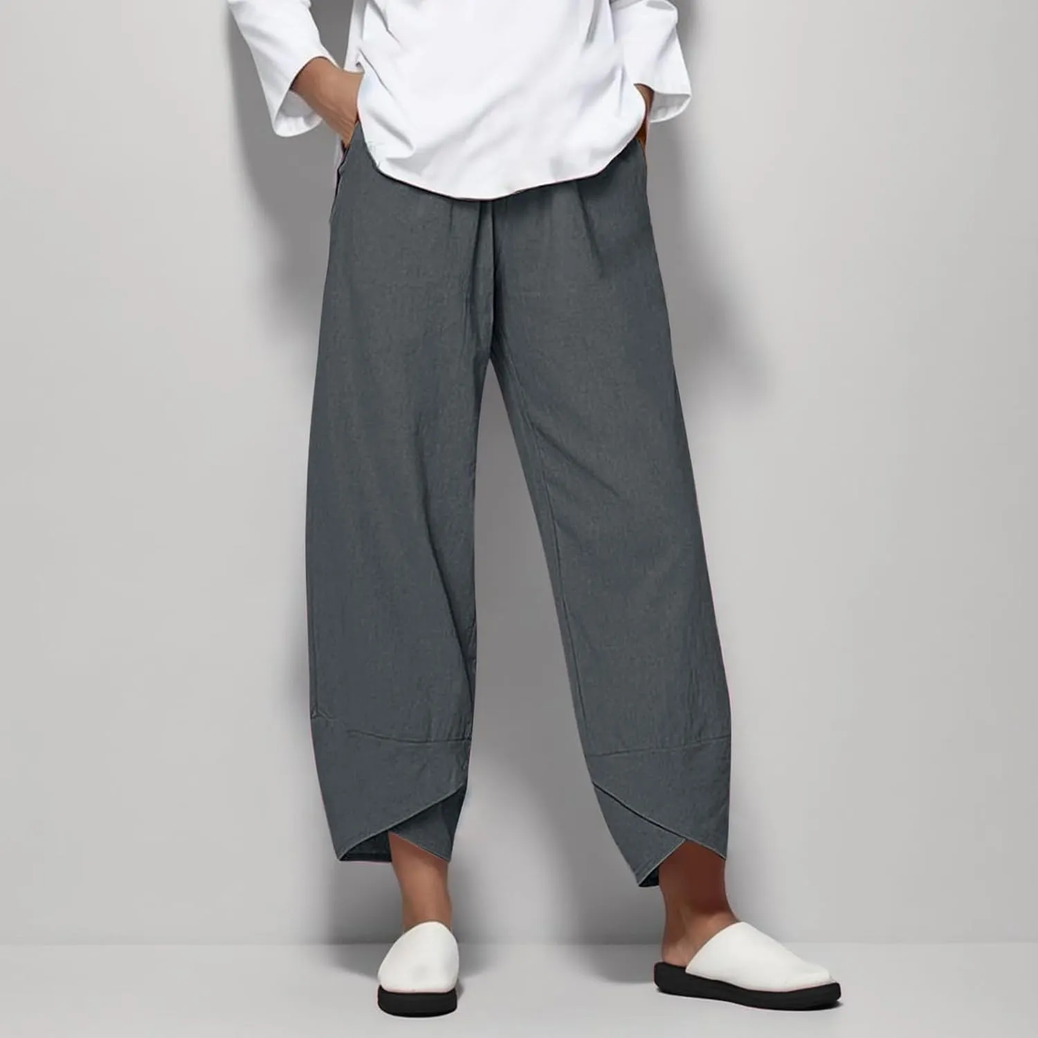Womens Capri Linen Pants Casual Summer Baggy Wide Leg Beach Pants Elastic High Waist Palazzo Lounge Cropped Trousers
