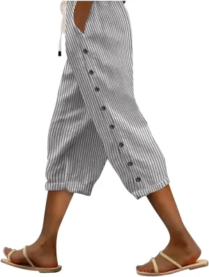 Women's Capri Lounge Pants - 2025 Summer Cotton Linen Wide Leg Trousers, Elastic Waist with Pockets