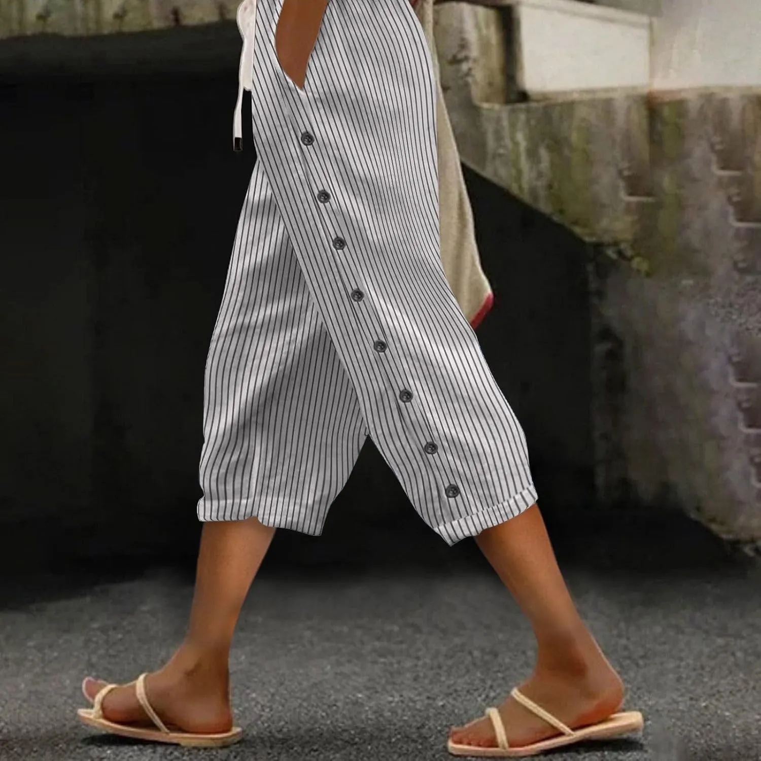 Women's Capri Lounge Pants - 2025 Summer Cotton Linen Wide Leg Trousers, Elastic Waist with Pockets