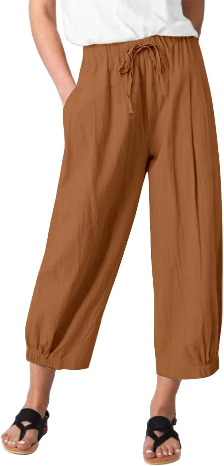 Womens Capri Pants Wide Leg Crop Pants Loose Comfy Drawstring Lounge Yoga Capris Paper Bag Pants with Pockets