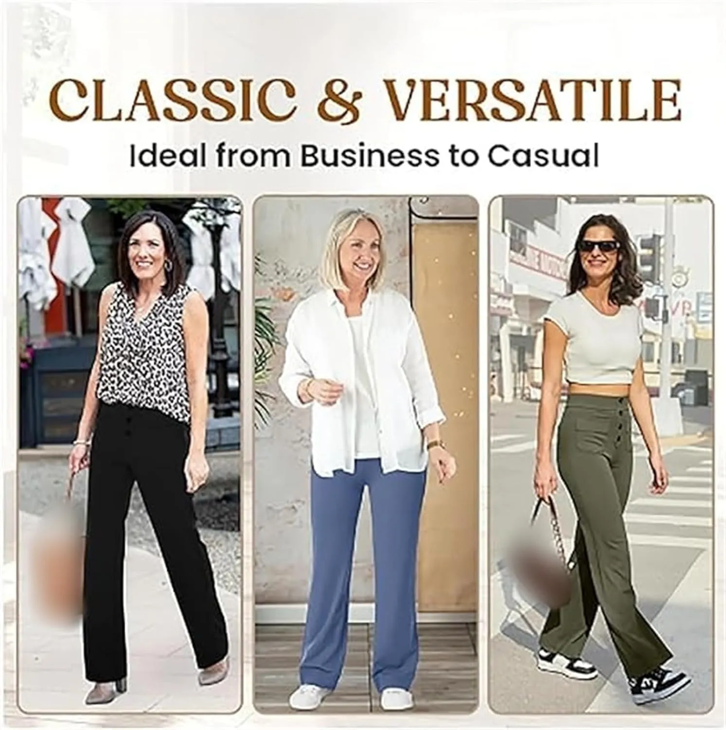 Women's Casual High Waist Stretch Pants,Tummy Control Sailor Wide Leg Trouser Work Straight Leg Stretchy Pants