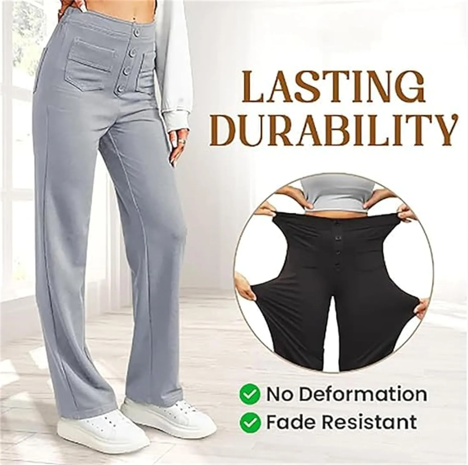 Women's Casual High Waist Stretch Pants,Tummy Control Sailor Wide Leg Trouser Work Straight Leg Stretchy Pants