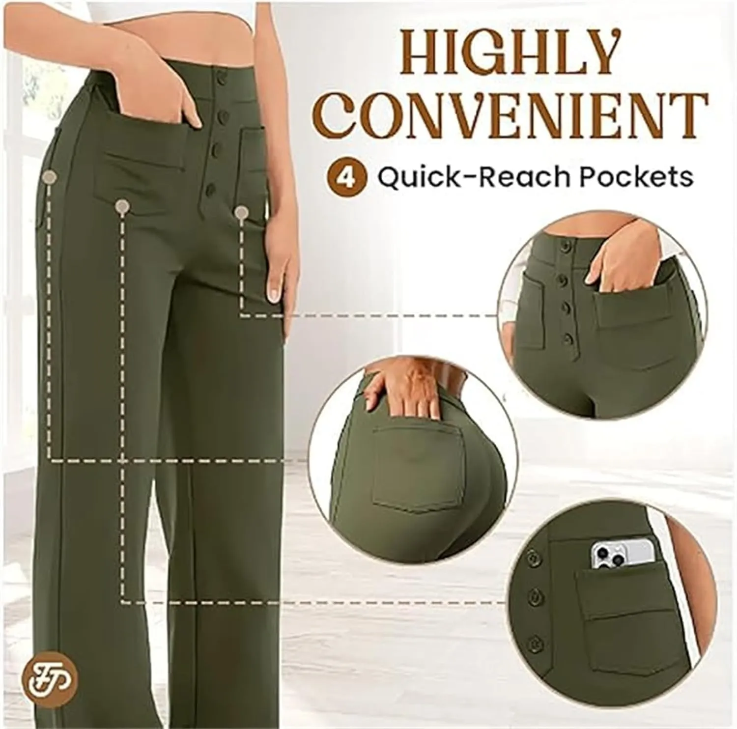 Women's Casual High Waist Stretch Pants,Tummy Control Sailor Wide Leg Trouser Work Straight Leg Stretchy Pants