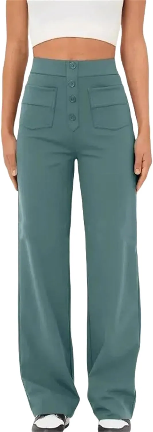 Women's Casual High Waist Stretch Pants,Tummy Control Sailor Wide Leg Trouser Work Straight Leg Stretchy Pants