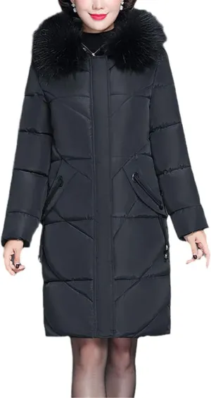 Women's Color Fur Collar Long Winter Jacket Hooded Down Cotton Coat Padded Warm Jacket Cotton Padded Coat