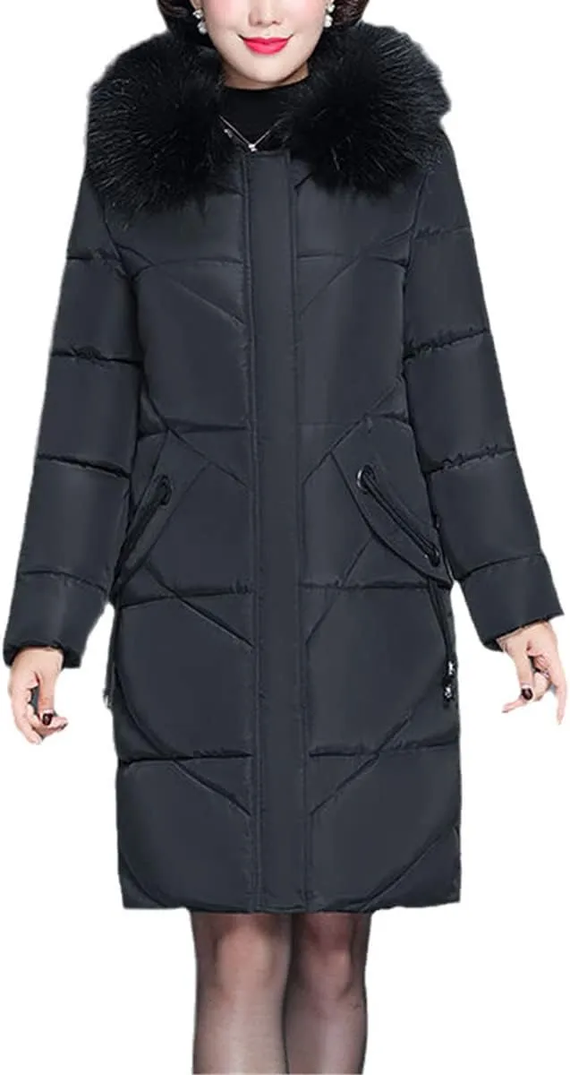 Women's Color Fur Collar Long Winter Jacket Hooded Down Cotton Coat Padded Warm Jacket Cotton Padded Coat