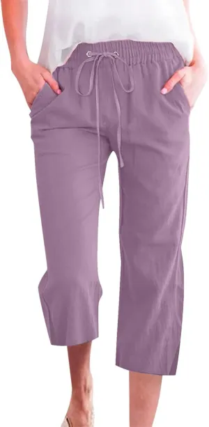 Womens Cotton Linen Casual Capri Lightweight Comfy Drawstring Loose Workout Sweatpants Lounge Palazzo Summer Cropped Trousers