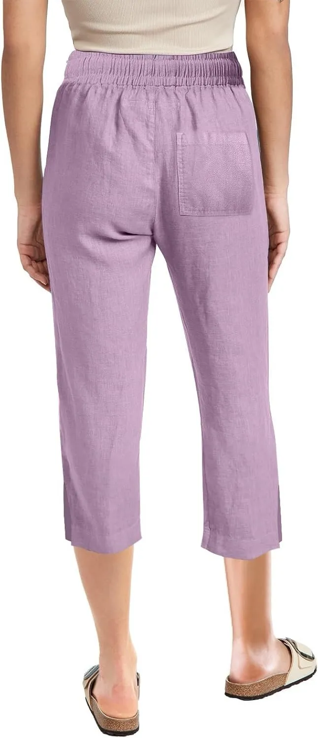 Womens Cotton Linen Casual Capri Lightweight Comfy Drawstring Loose Workout Sweatpants Lounge Palazzo Summer Cropped Trousers