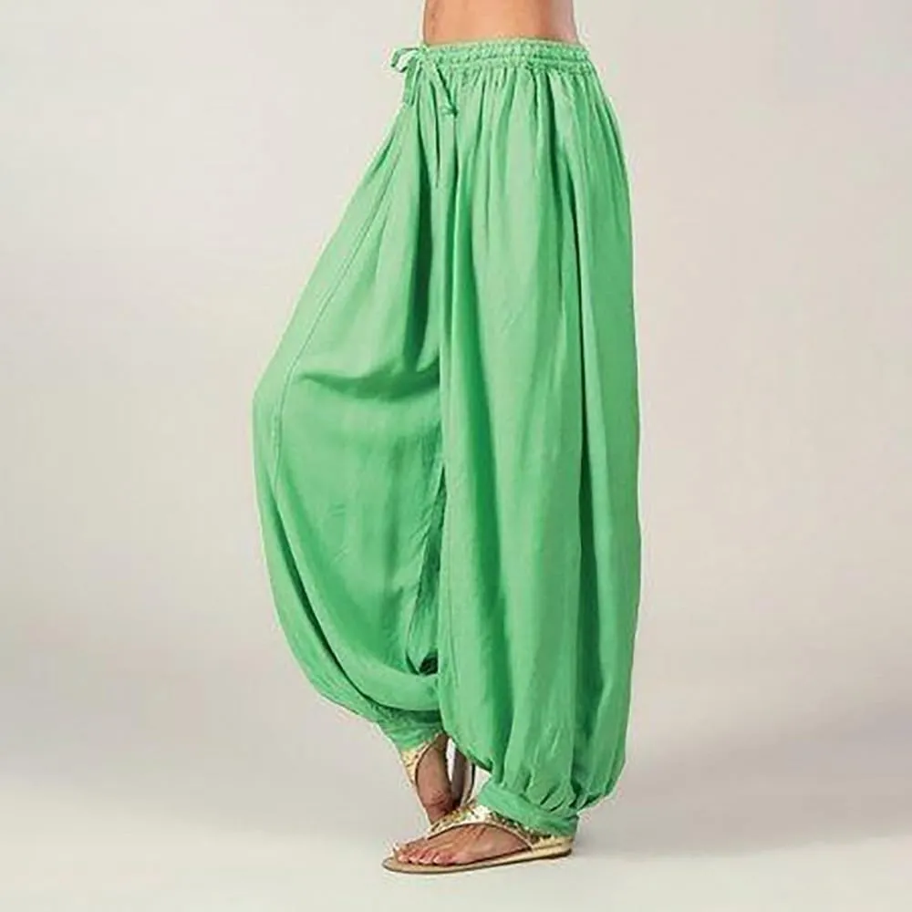 Women's Cotton Linen Lantern Trousers Solid Low-Waisted Relax Fit Pant Elastic Drawstring Wide Leg Pants for Causal