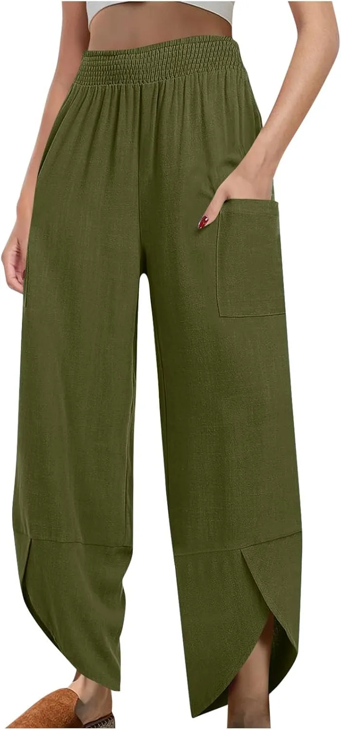 Women's Cotton Linen Palazzo Pants, Fashion Irregular Hem Summer Casual Clothes Elastic Waist Pockets Home Trousers