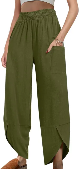 Women's Cotton Linen Palazzo Pants, Fashion Irregular Hem Summer Casual Clothes Elastic Waist Pockets Home Trousers
