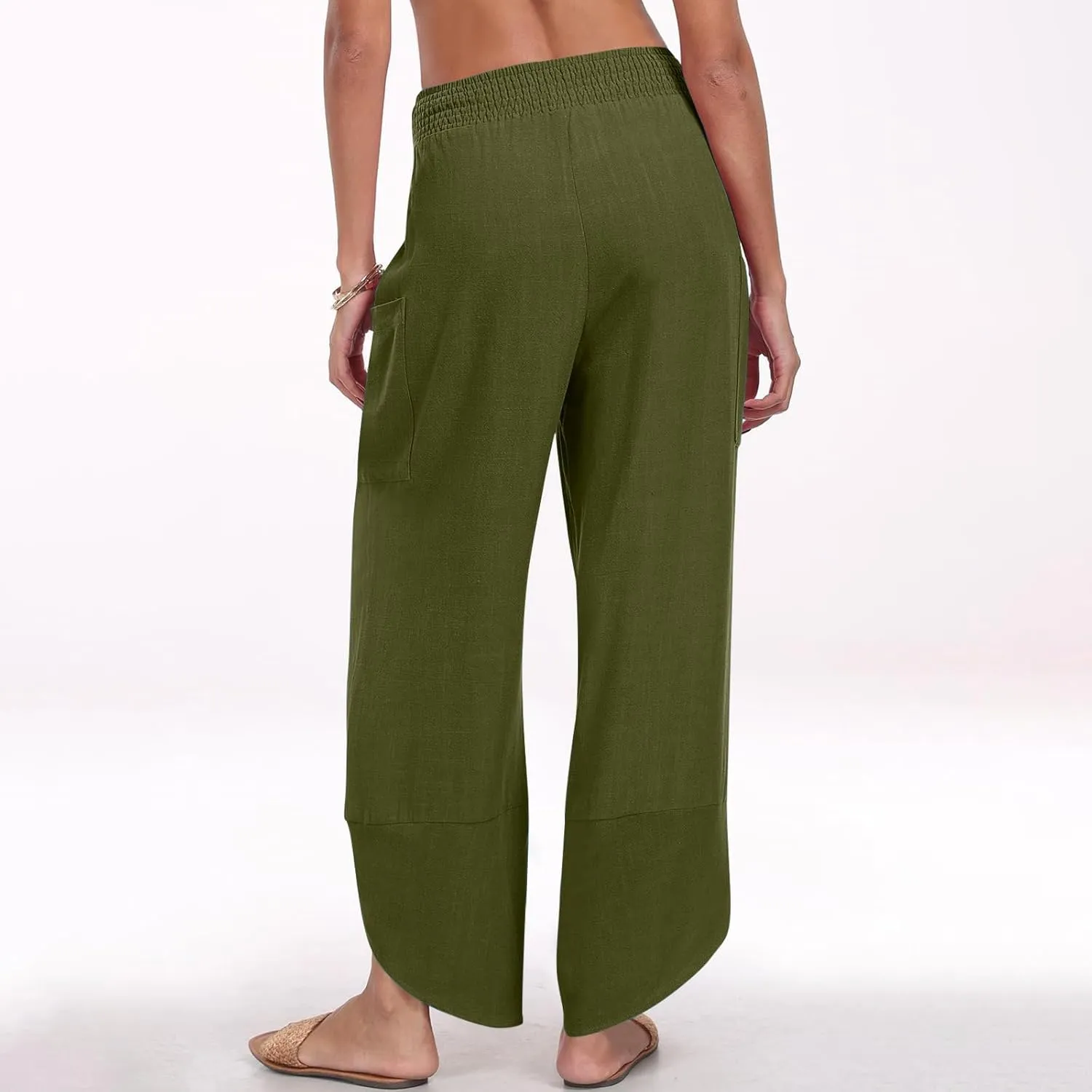 Women's Cotton Linen Palazzo Pants, Fashion Irregular Hem Summer Casual Clothes Elastic Waist Pockets Home Trousers
