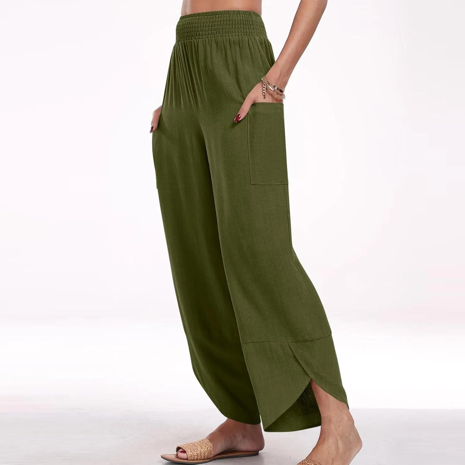 Women's Cotton Linen Palazzo Pants, Fashion Irregular Hem Summer Casual Clothes Elastic Waist Pockets Home Trousers