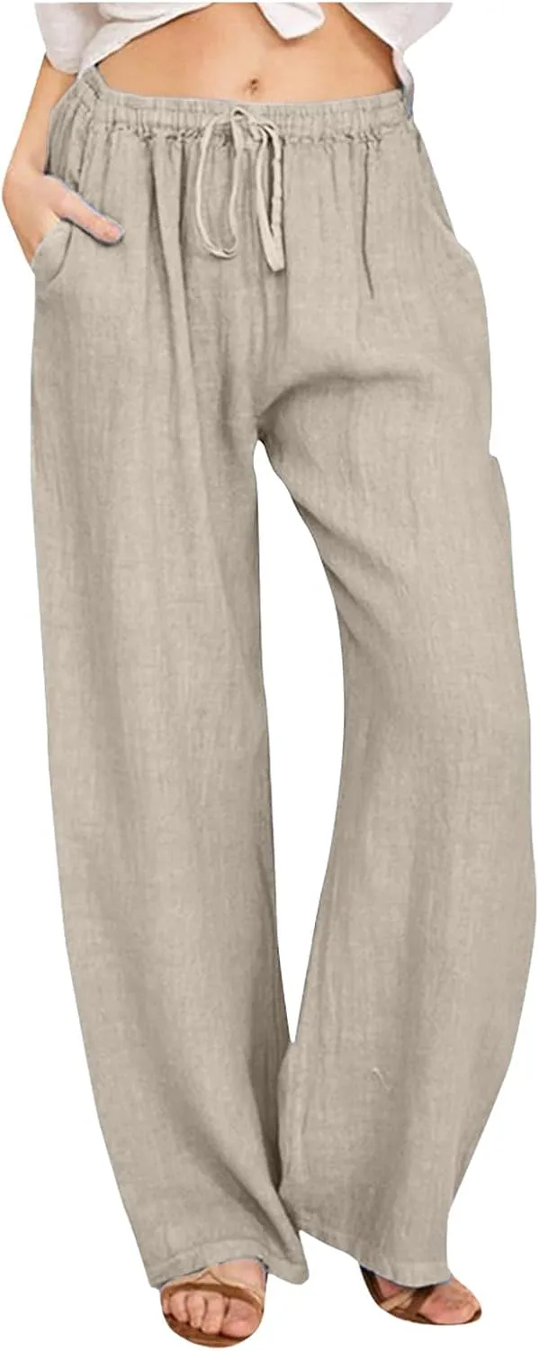Womens Cotton Linen Pants Flowy High Waisted Wide Leg Pants Loose Fit Summer Beach Pants Casual Yoga Trousers with Pockets