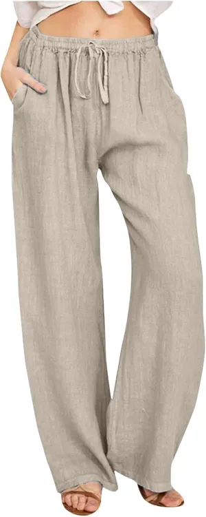 Womens Cotton Linen Pants Flowy High Waisted Wide Leg Pants Loose Fit Summer Beach Pants Casual Yoga Trousers with Pockets