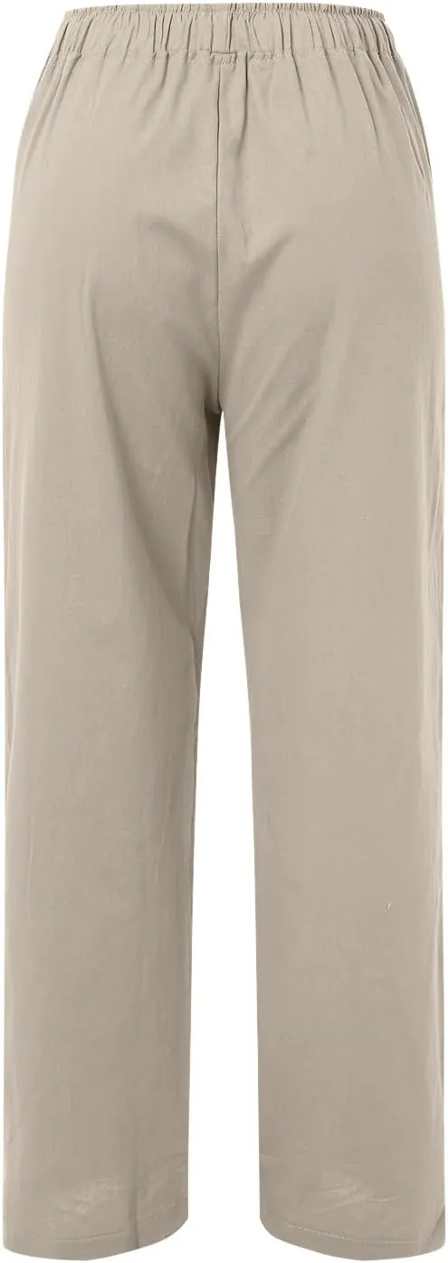 Womens Cotton Linen Pants Flowy High Waisted Wide Leg Pants Loose Fit Summer Beach Pants Casual Yoga Trousers with Pockets