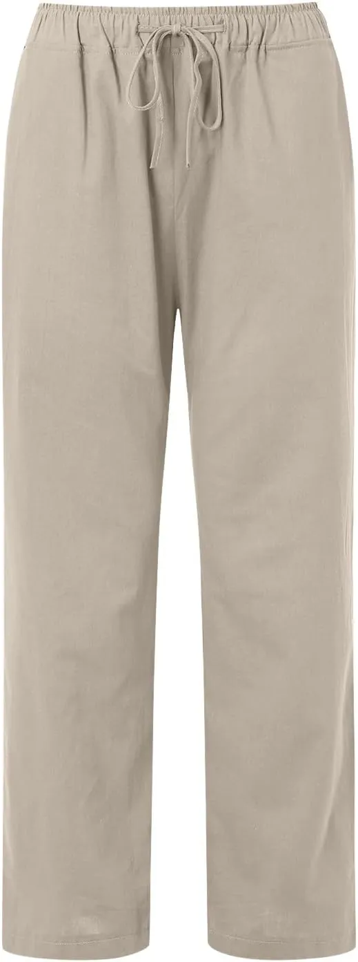 Womens Cotton Linen Pants Flowy High Waisted Wide Leg Pants Loose Fit Summer Beach Pants Casual Yoga Trousers with Pockets