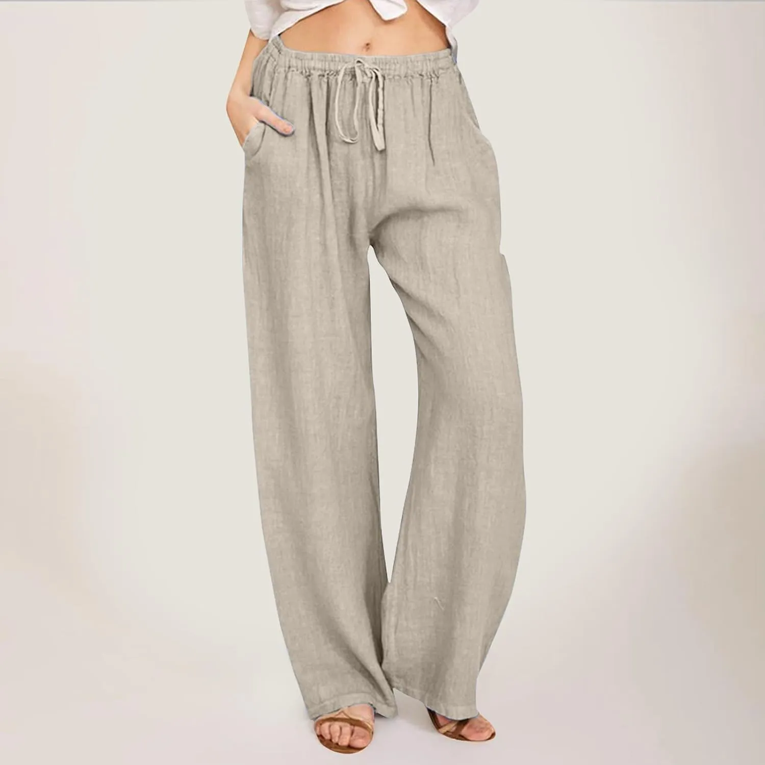 Womens Cotton Linen Pants Flowy High Waisted Wide Leg Pants Loose Fit Summer Beach Pants Casual Yoga Trousers with Pockets