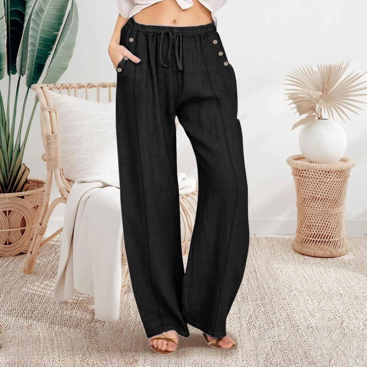 Womens Cotton Linen Pants High Waisted Baggy Pants with Elastic Waist Relax Fit Lantern Trouser with Pockets