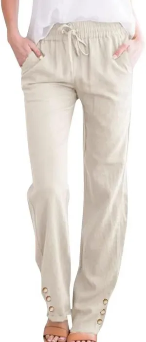 Women's Cotton Linen Pants Summer Relax Fit Straight Leg Elastic Waist Pants with Pocket Beach Fashion Trousers