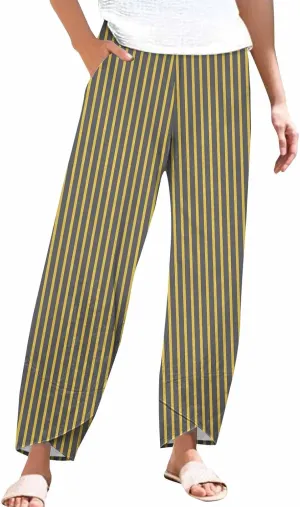 Womens Cotton Linen Striped Pants Wide Leg Comfy Trousers Fashionable Loose Straight Pant for Outdoor Hiking
