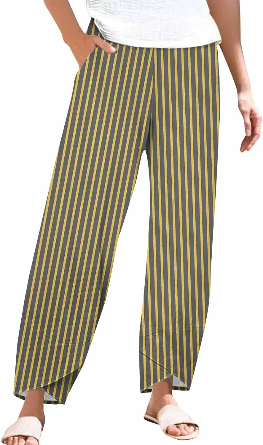 Womens Cotton Linen Striped Pants Wide Leg Comfy Trousers Fashionable Loose Straight Pant for Outdoor Hiking