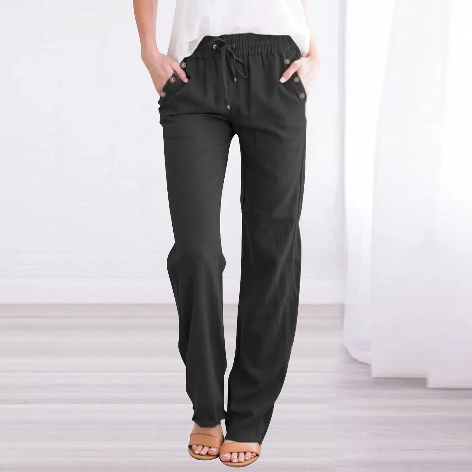 Women's Cotton Linen Summer Casual Loose Pants Low Waist Straight Loose Fit Trousers Trendy