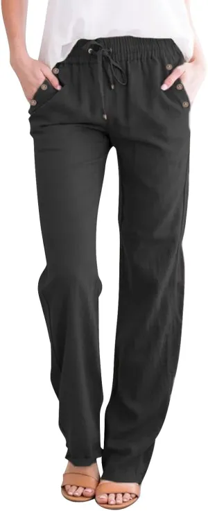 Women's Cotton Linen Summer Casual Loose Pants Low Waist Straight Loose Fit Trousers Trendy