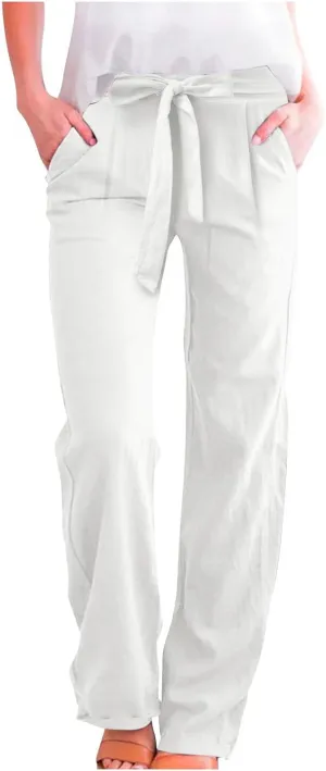 Women's Cotton Linen Summer Lightweigt Palazzo Pants Low Waist Wide Leg Loose Fit Pants Travel