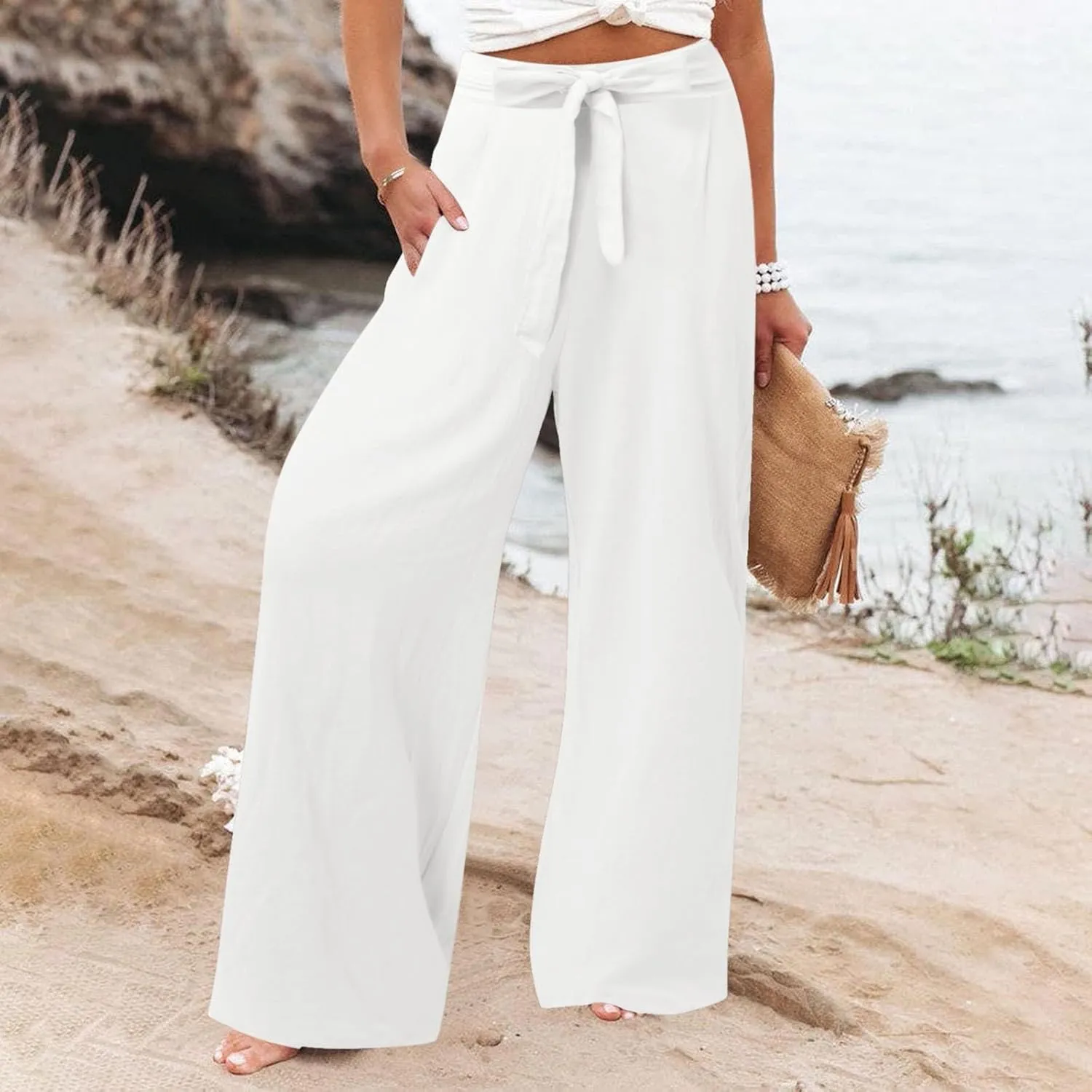 Women's Cotton Linen Summer Lightweigt Palazzo Pants Low Waist Wide Leg Loose Fit Pants Travel