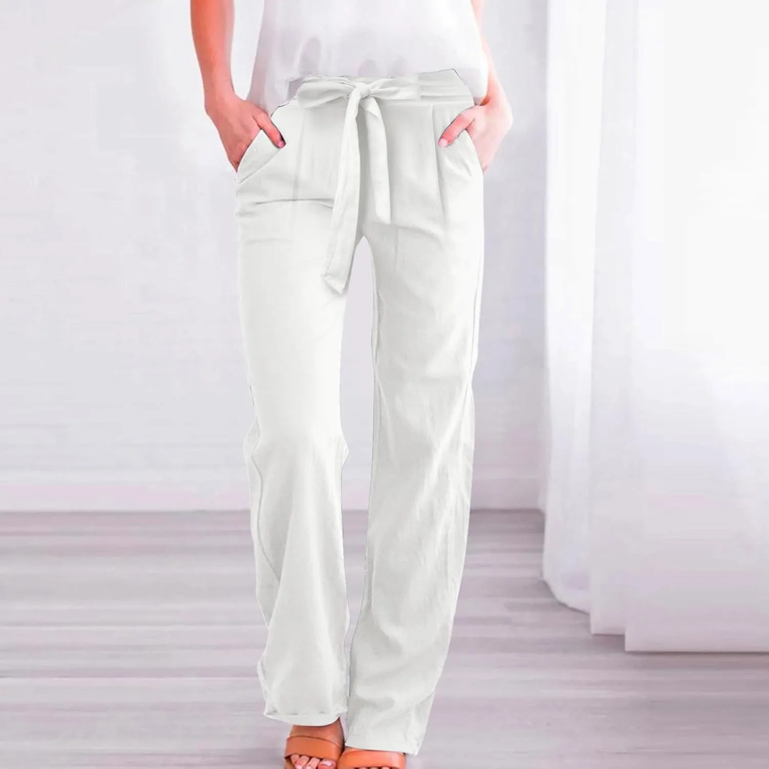 Women's Cotton Linen Summer Lightweigt Palazzo Pants Low Waist Wide Leg Loose Fit Pants Travel