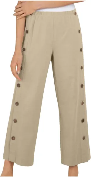 Womens Cotton Linen Summer Palazzo Pants Capri Casual Elastic Waisted Soild Trousers Fashion Side Button Slacks