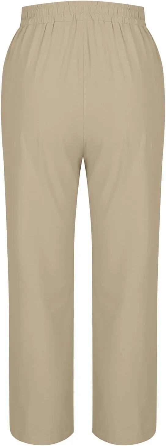 Womens Cotton Linen Summer Palazzo Pants Capri Casual Elastic Waisted Soild Trousers Fashion Side Button Slacks