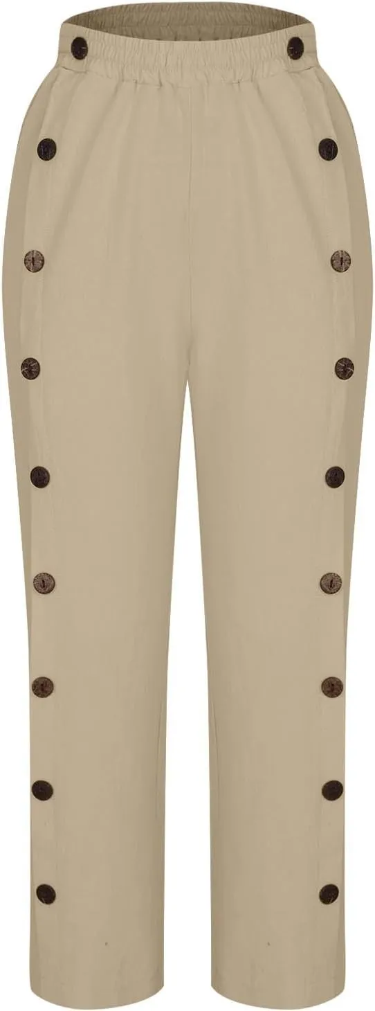 Womens Cotton Linen Summer Palazzo Pants Capri Casual Elastic Waisted Soild Trousers Fashion Side Button Slacks