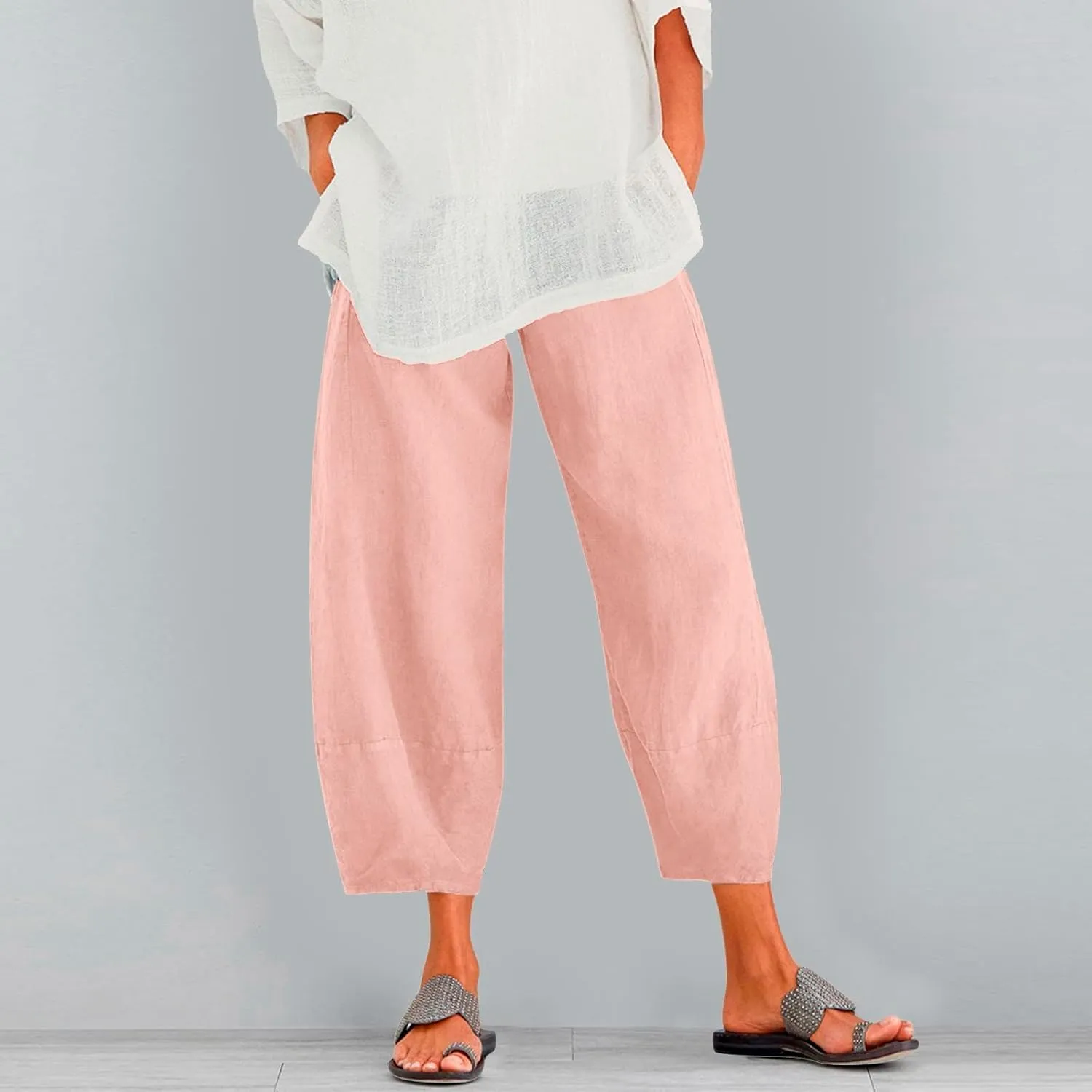 Women's Cotton Linen Summer Split Flowy Pant Trousers High Waist Straight Slim Fit Palazzo Lounge Pants Office